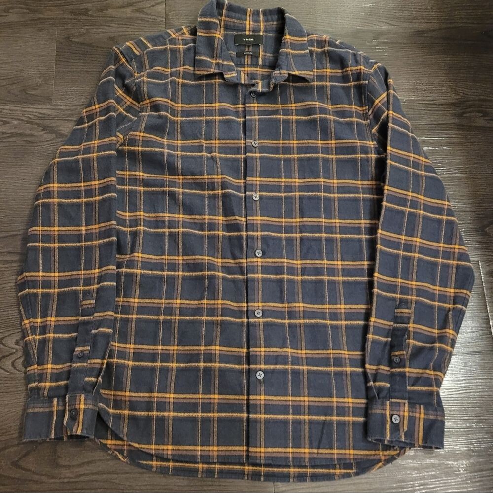 Vince Men's Flannel Plaid Shirt Charcoal and Orange Size Large Cabincore Grunge